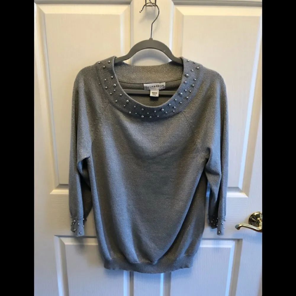 Sag Harbor silver metallic sweater with pearl accents